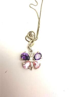 Butterfly Pendant with Purple and Pink Gemstones Thai 925 9" chain bracelet
